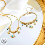 18K Gold Bohemian Tree of Life and Sun with Turquoise Necklace & Bracelet - QH Clothing