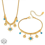 18K Gold Bohemian Tree of Life and Sun with Turquoise Necklace & Bracelet - QH Clothing