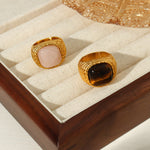 18K gold light luxury vintage braided pattern inlaid natural stone versatile ring - QH Clothing