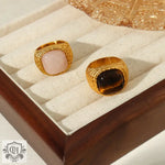 18K gold light luxury vintage braided pattern inlaid natural stone versatile ring - QH Clothing