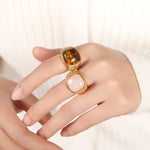 18K gold light luxury vintage braided pattern inlaid natural stone versatile ring - QH Clothing