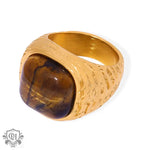 18K gold light luxury vintage braided pattern inlaid natural stone versatile ring - QH Clothing