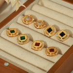 18K gold exquisite luxury button set with diamonds and square zircon design versatile earrings - QH Clothing