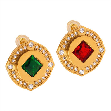 18K gold exquisite luxury button set with diamonds and square zircon design versatile earrings - QH Clothing