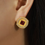 18K gold exquisite luxury button set with diamonds and square zircon design versatile earrings - QH Clothing