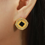 18K gold exquisite luxury button set with diamonds and square zircon design versatile earrings - QH Clothing