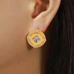 18K gold exquisite luxury button set with diamonds and square zircon design versatile earrings - QH Clothing