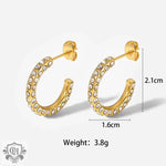 18K Gold C-Shaped Geometric Earrings with Inlaid Cubic Zirconia - QH Clothing