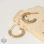 18K Gold C-Shaped Geometric Earrings with Inlaid Cubic Zirconia - QH Clothing