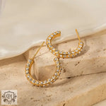 18K Gold C-Shaped Geometric Earrings with Inlaid Cubic Zirconia - QH Clothing