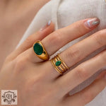 18K Gold Chain Link Chrysoprase Geometric Ring - QH Clothing