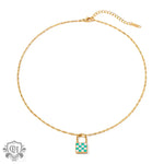 18K Novel Fashion Checker Checker Green and White Design Versatile Pendant Necklace - QH Clothing