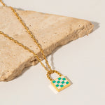 18K Novel Fashion Checker Checker Green and White Design Versatile Pendant Necklace - QH Clothing