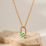 18K Novel Fashion Checker Checker Green and White Design Versatile Pendant Necklace - QH Clothing