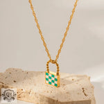 18K Novel Fashion Checker Checker Green and White Design Versatile Pendant Necklace - QH Clothing