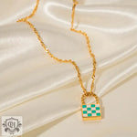 18K Novel Fashion Checker Checker Green and White Design Versatile Pendant Necklace - QH Clothing