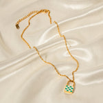 18K Novel Fashion Checker Checker Green and White Design Versatile Pendant Necklace - QH Clothing