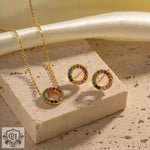 18K Gold Circle Design jewelry set featuring colorful gemstone earrings and necklace