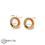 Pair of gold-toned rainbow-gemmed stud earrings in 18K gold circle design zirconia