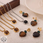 18K gold classic retro geometric jewelry set with tiger’s eye stones necklace and earrings set