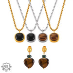 18K gold classic retro geometric inlaid gemstone design necklace and earrings set