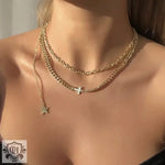 18K Gold Cross and Star Pendant Double Layer Necklace - QH Clothing