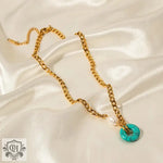 18K Gold Cuban Chain Necklace with Stone Ring Pendant - QH Clothing