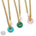 18K Gold Cuban Chain Necklace with Stone Ring Pendant - QH Clothing