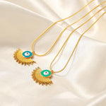 18K gold retro palace style geometric fan-shaped pendant necklace with devil's eye design - QH Clothing