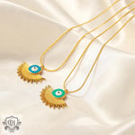 18K gold retro palace style geometric fan-shaped pendant necklace with devil's eye design - QH Clothing