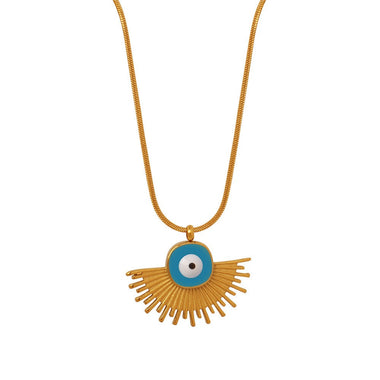 18K gold retro palace style geometric fan-shaped pendant necklace with devil's eye design - QH Clothing