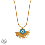 18K gold retro palace style geometric fan-shaped pendant necklace with devil's eye design - QH Clothing