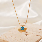 18K gold retro palace style geometric fan-shaped pendant necklace with devil's eye design - QH Clothing