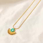 18K gold retro palace style geometric fan-shaped pendant necklace with devil's eye design - QH Clothing