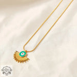 18K gold retro palace style geometric fan-shaped pendant necklace with devil's eye design - QH Clothing