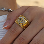 18K gold trendy and fashionable devil's eye inlaid zircon design ring - QH Clothing