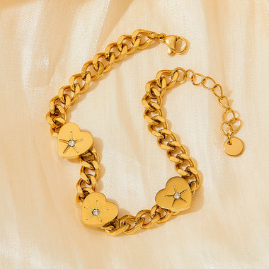 18K gold trendy and fashionable heart-set diamond and Cuban chain design bracelet - QH Clothing