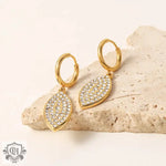 18K Gold Diamond Leaf Shape Earrings featuring gold hoop design with jeweled leaf pendants