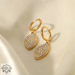 18K Gold Diamond Leaf Shape Earrings featuring elegant gold hoop design and jeweled pendants