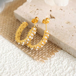 18K Gold Noble Fashion C Shape Diamond and Pearl Design Versatile Earrings - QH Clothing