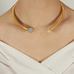 18k gold trendy and fashionable C-shaped open necklace with double-headed diamond design - QH Clothing