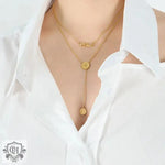 18K Gold Double Layered Necklace with Double Medal Tassel - QH Clothing