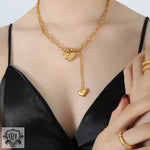 18K Gold Double Love Heart Necklace with Tassel Design - QH Clothing