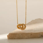 18K Gold Double Ring with Diamond Pendant Necklace - QH Clothing
