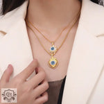 18K gold geometric diamond-studded necklace featuring a devil’s eye design pendant