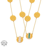 18K gold elegant geometric round necklace featuring a honeycomb design and gemstone