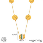 18K gold elegant geometric round necklace featuring honeycomb design and emerald pendant