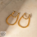 Gold teardrop hoop earrings with rhinestones in 18k gold double-layer arc light luxury design