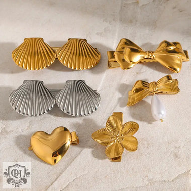 Assorted gold and silver hair accessories featuring 18K gold exquisite designs