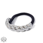 Black hair tie with silver metal accent in 18K gold geometric design hair accessories